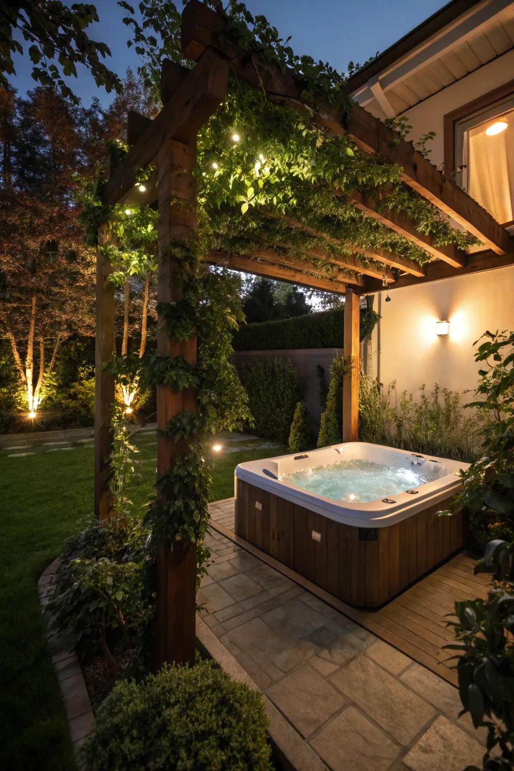 A pergola contributes structure and charm to your hot tub area.