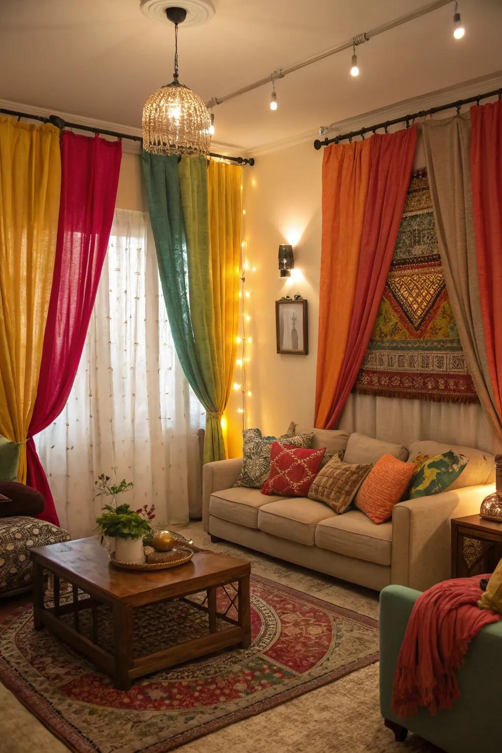 Introduce warmth and texture using bright drapes and textiles.