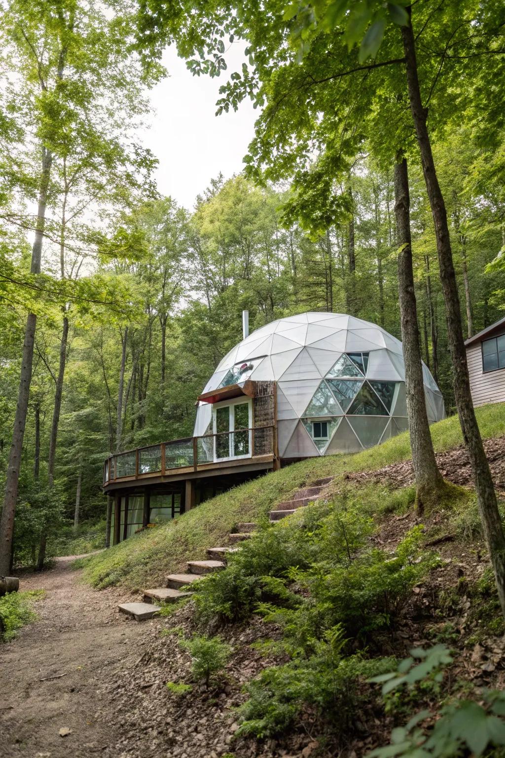 A geodesic dome house presenting a distinctive silhouette in the woods.