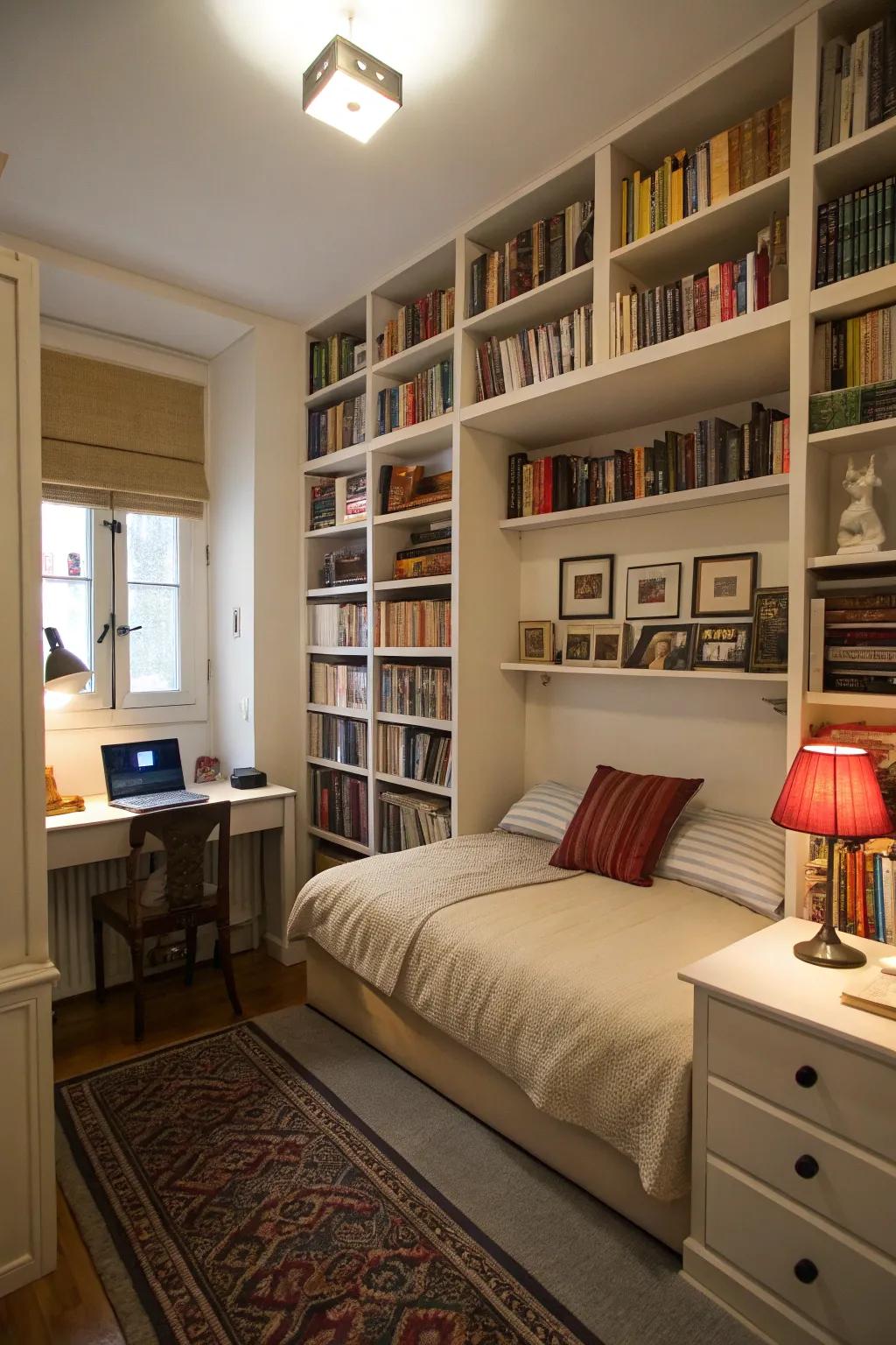 Towering bookshelves inside a petite bedroom furnish generous vertical storage capabilities.