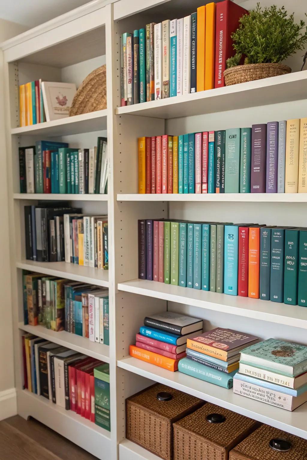 A neatly curated bookshelf exemplifying optimized spatial dynamics.
