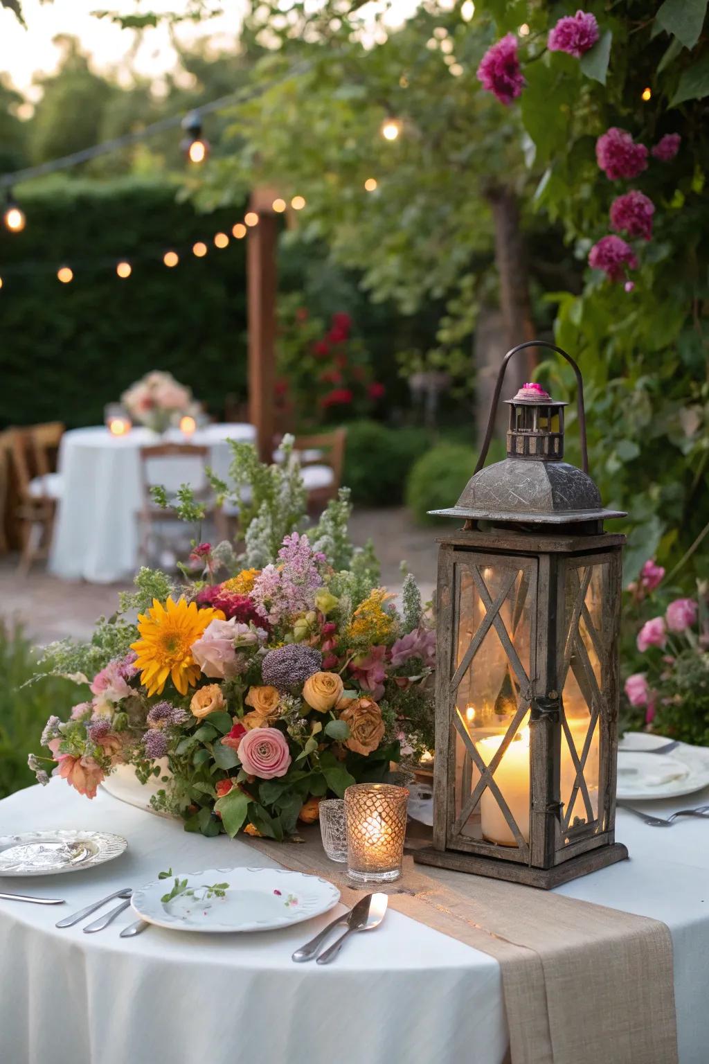 Eccentric garden celebration lantern centerpiece with assorted flowers.