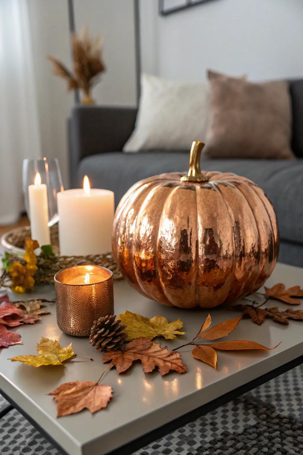 A metallic pumpkin that shimmers with contemporary elegance.