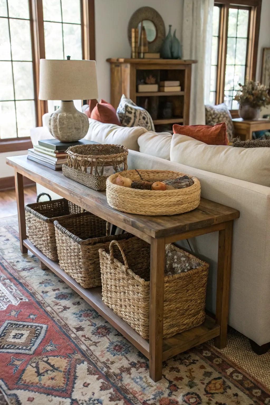 Baskets contribute texture and utility to a sofa table.