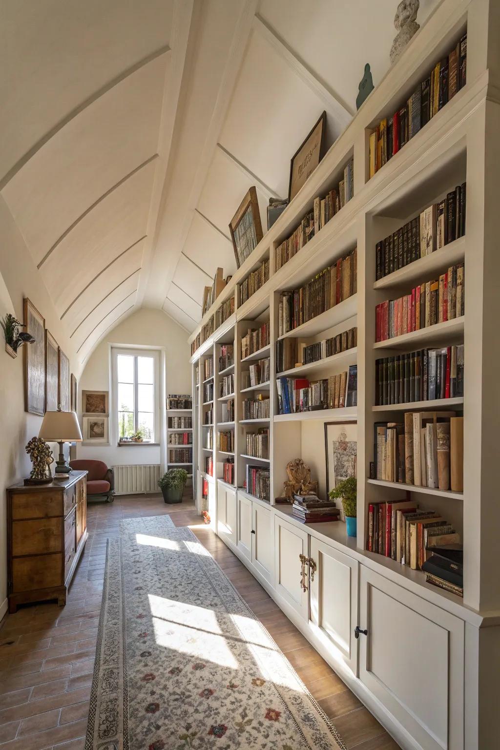 Layered shelving maximizes vertical space for both aesthetic and functional purposes.