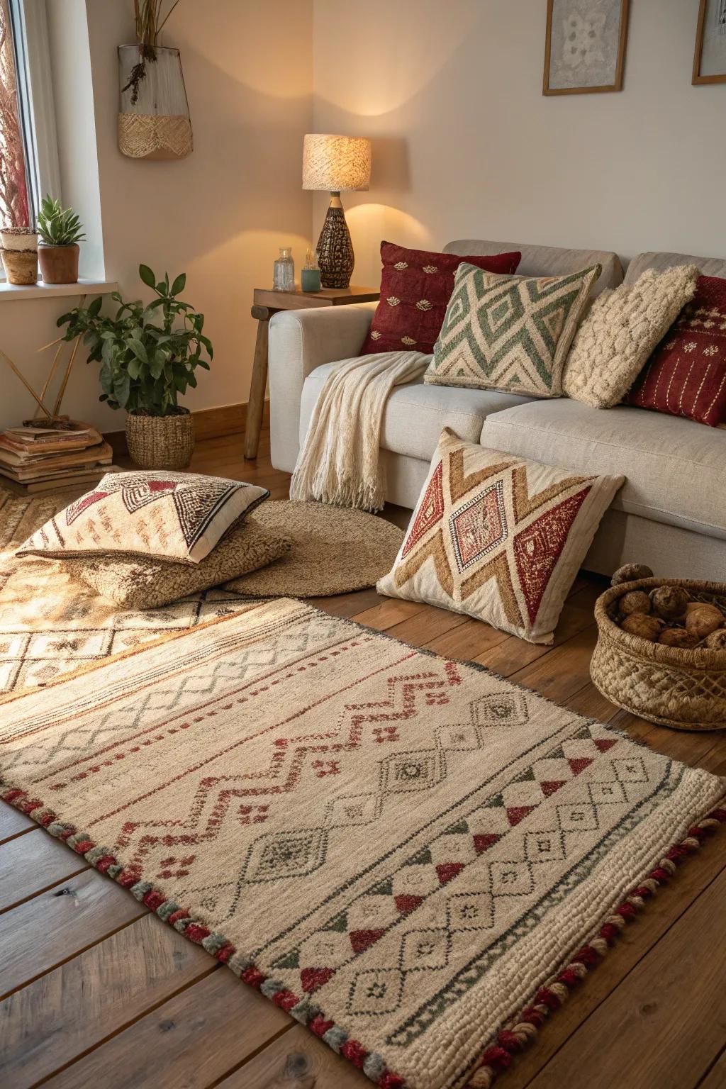 Tiered fabrics contribute depth and visual intrigue to the living area.