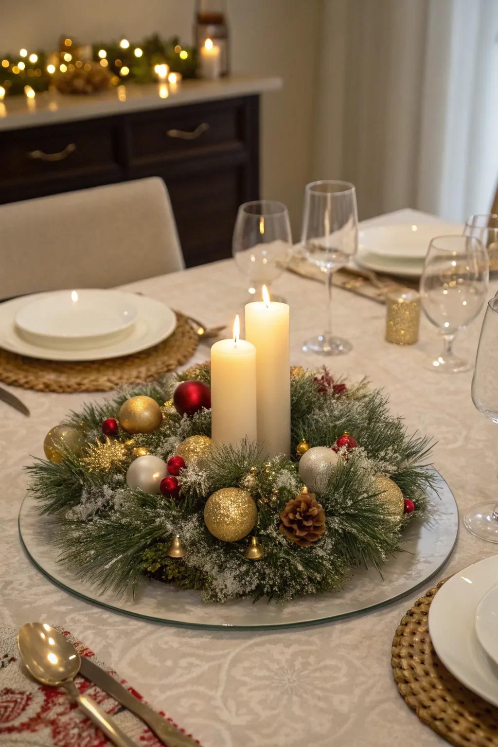 A celebratory dining surface centerpiece showcasing glittery strands.
