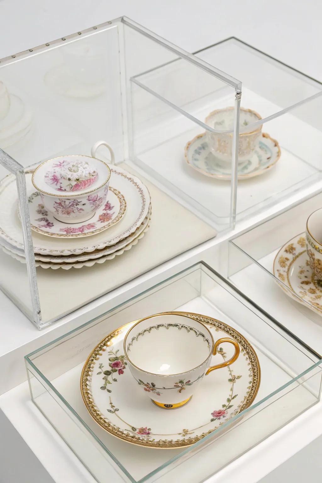See-through boxes showcasing individual china pieces as standalone artworks.
