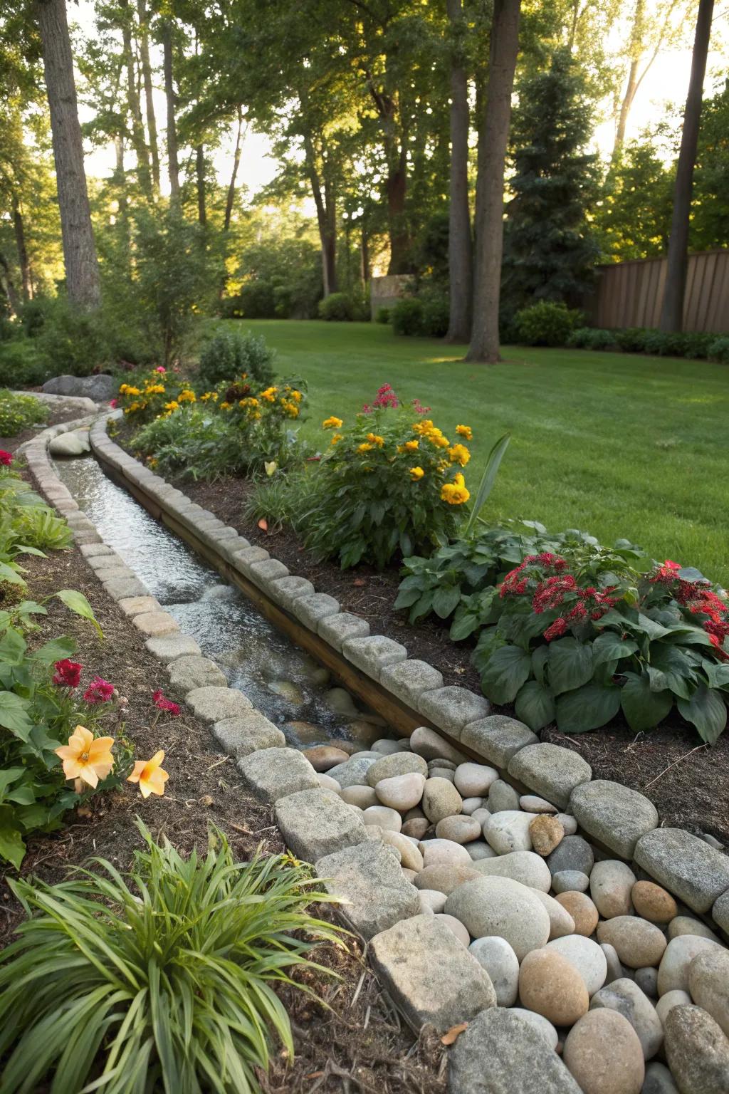 Rock borders add a country charm while moving water.