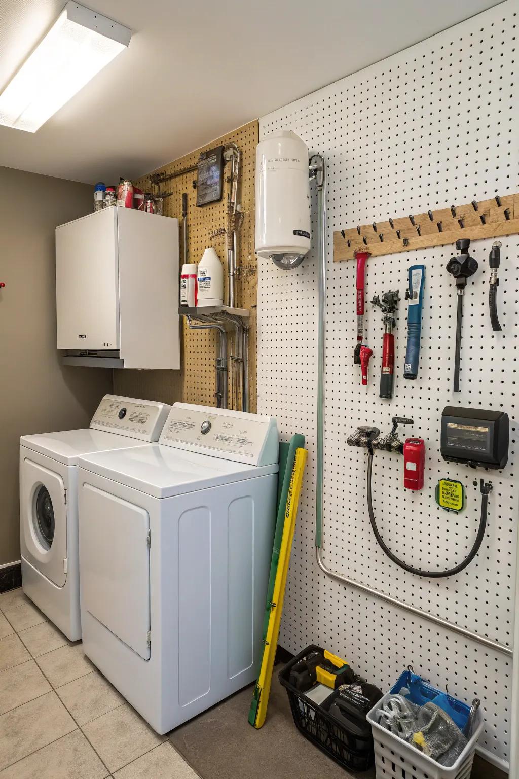 Pegboard walls combine organization and concealment in a single solution.