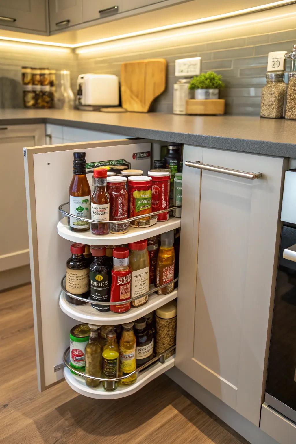 Lazy Susans maximize corner cabinet storage.