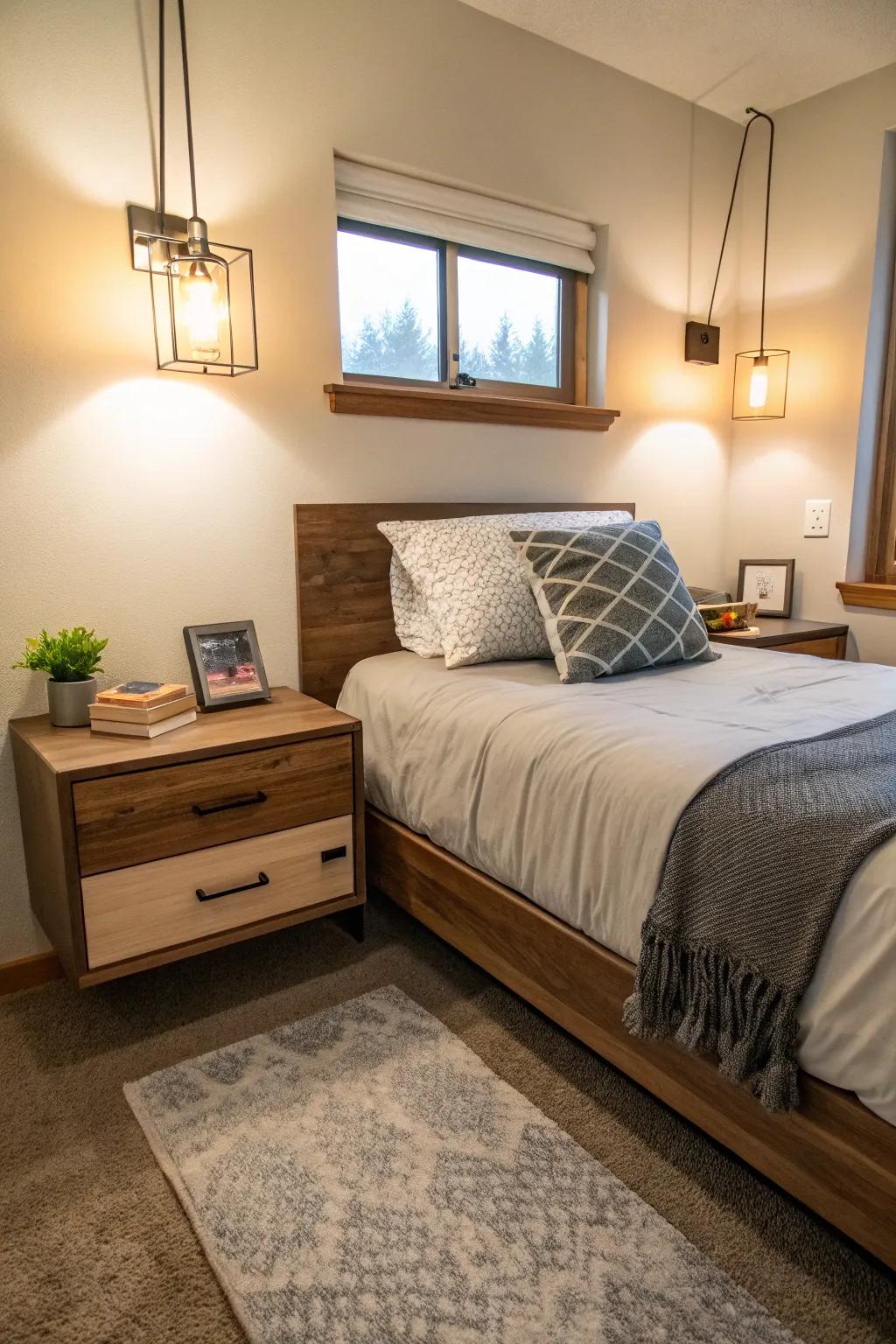 Floating nightstands that maximize floor space.