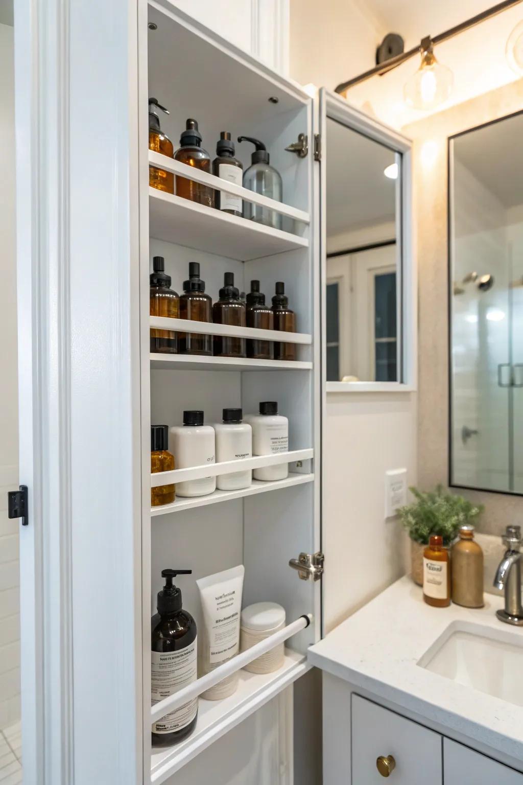 Adjustable shelves in a cabinet, customized to accommodate various bottle sizes.