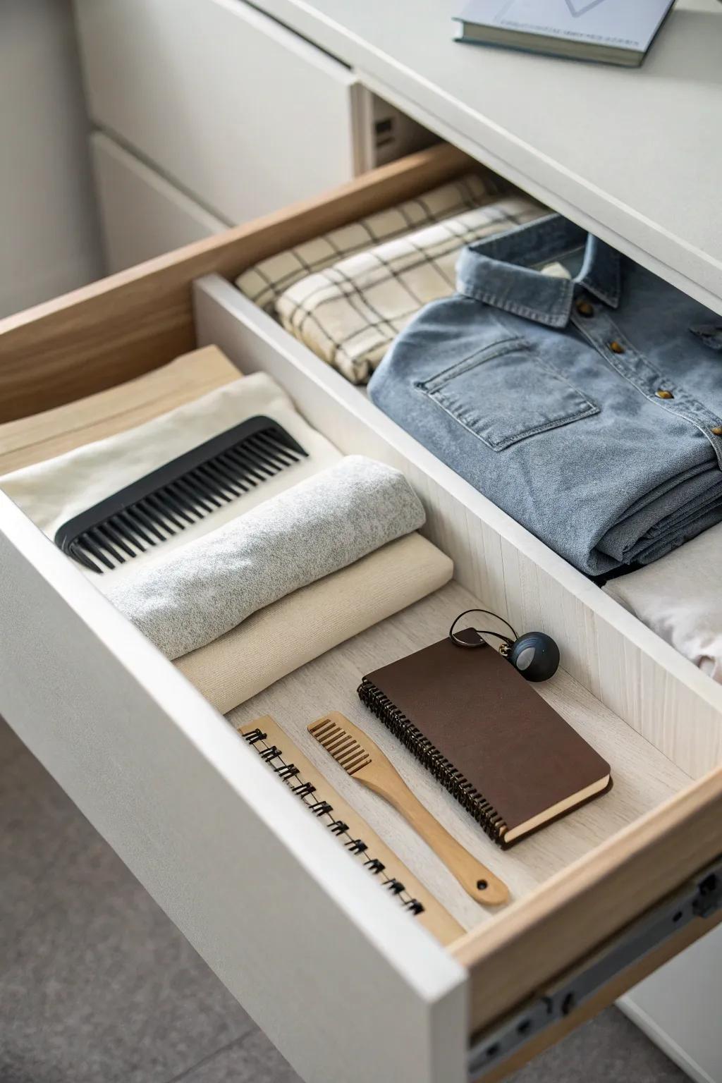 A minimalist approach to drawer arrangement for simplicity and ease.