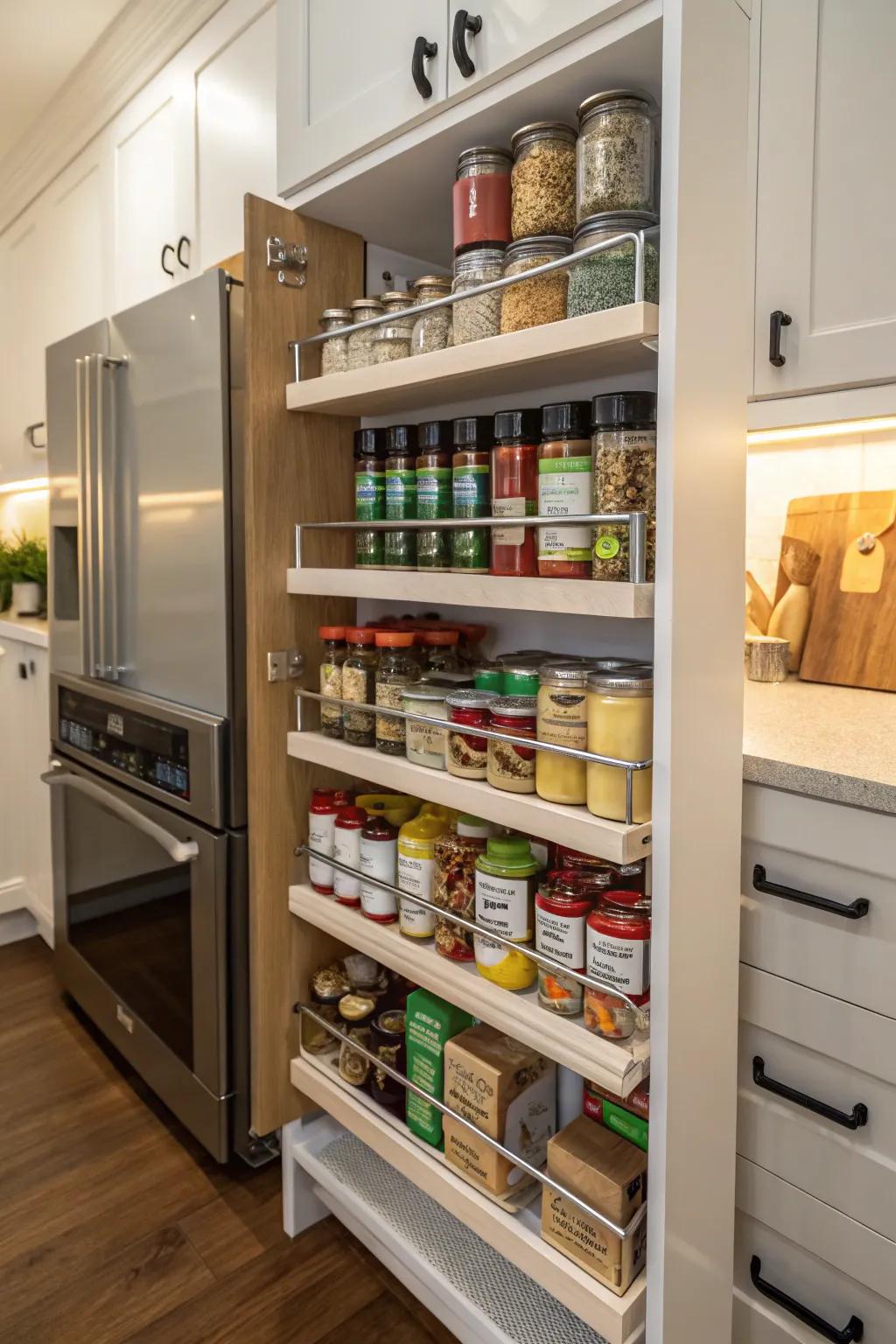 Tiered shelving elevates visibility and overall organization.