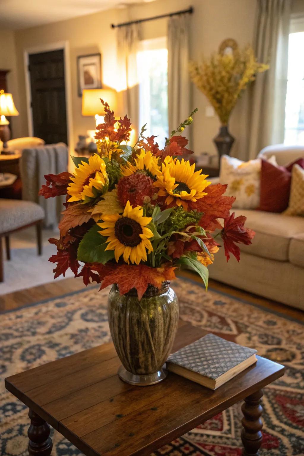 A season-inspired setting featuring sunflowers and autumnal leaves.