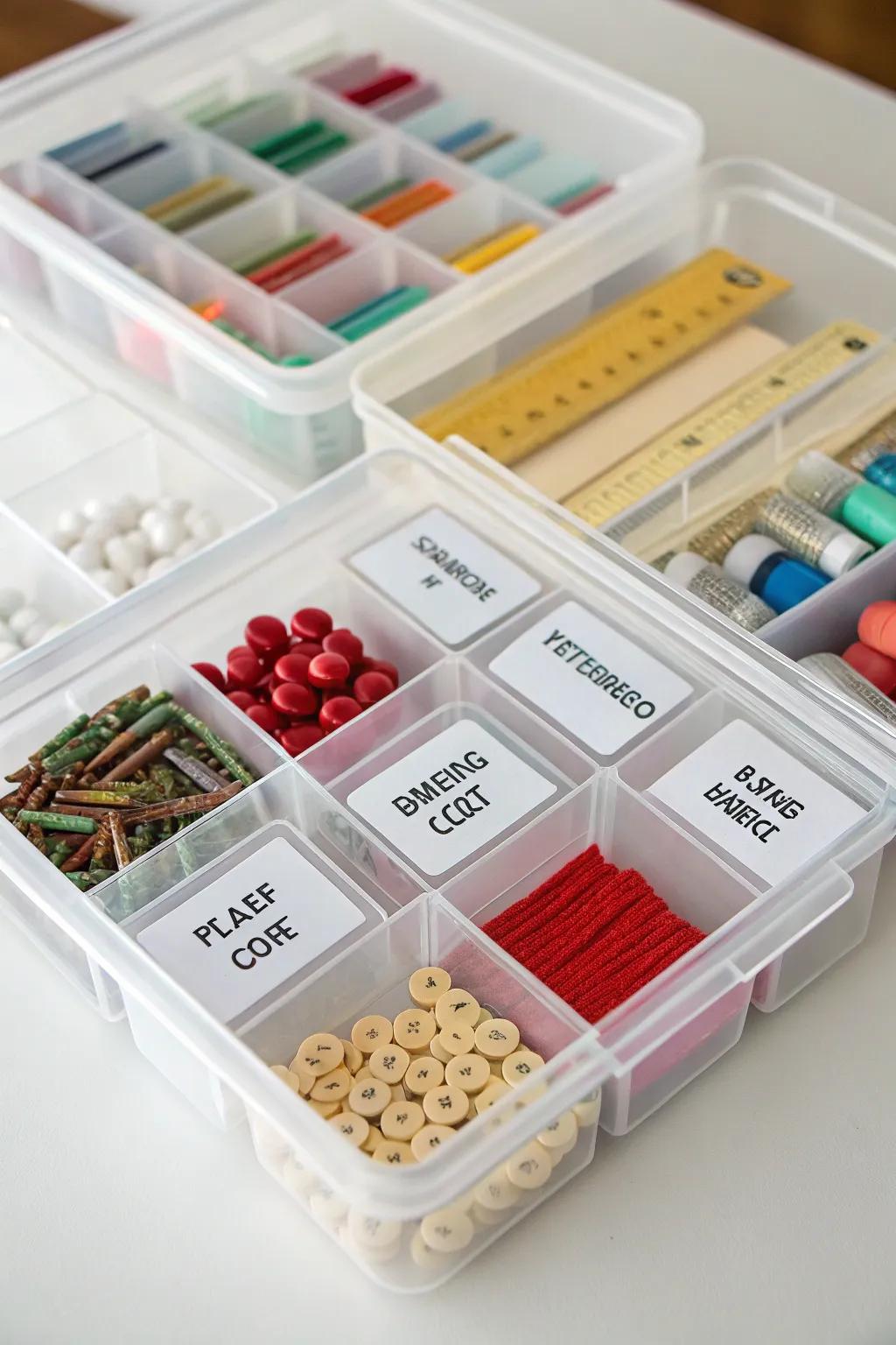 Plastic containers showcasing labeled sections for systematized storage.