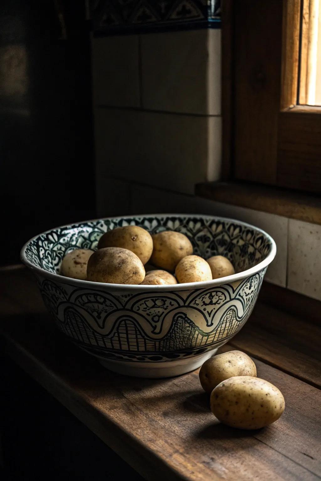 Elegant potato storage within a decorative ceramic bowl.