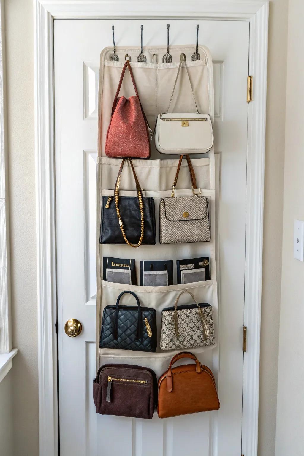 An over-the-door organizer cleverly utilizing space to store handbags efficiently in a small area.