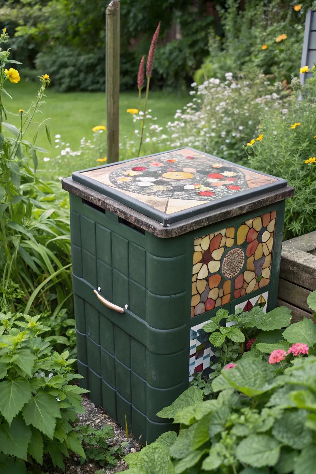 A composter decorated with a mosaic style cover, adding visual appeal to the garden.