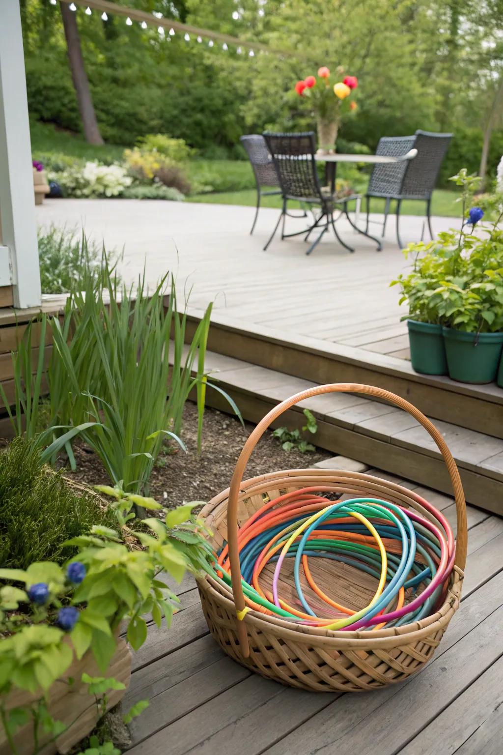 A large basket overflowing with hula hoops, presenting a fun and functional storage option on a patio.