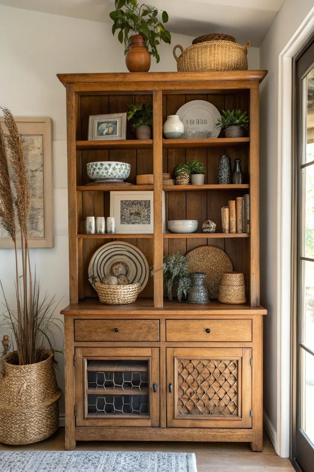 Exposed shelving presents a dynamic means to exhibit decor.