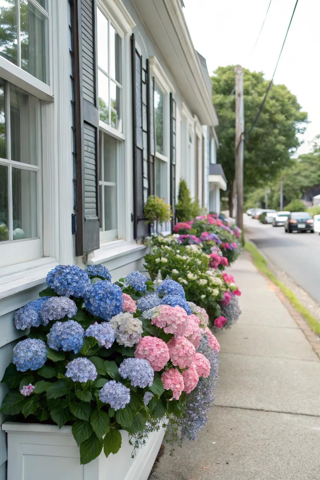 Window boxes embellished with colorful hydrangeas on a building front.