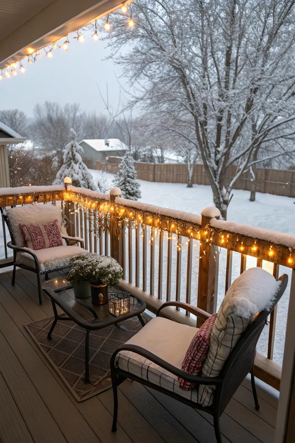 A deck transformed into a cozy retreat with dazzle drops.