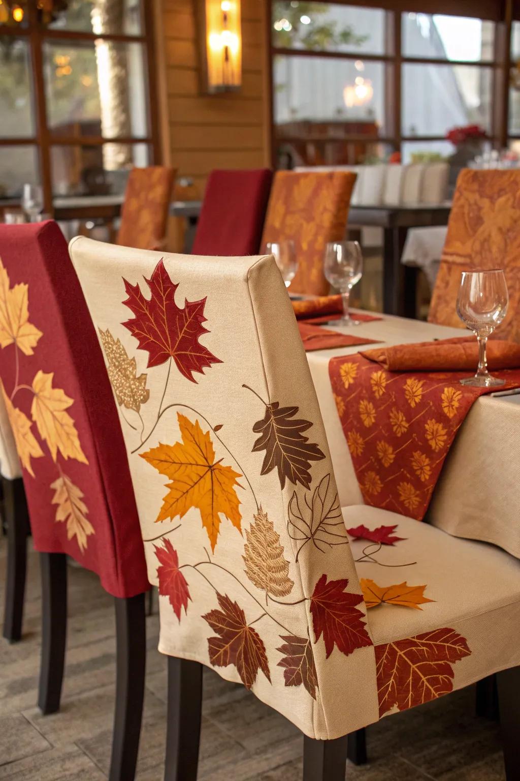 Periodic flair with autumn-themed chair wraps.