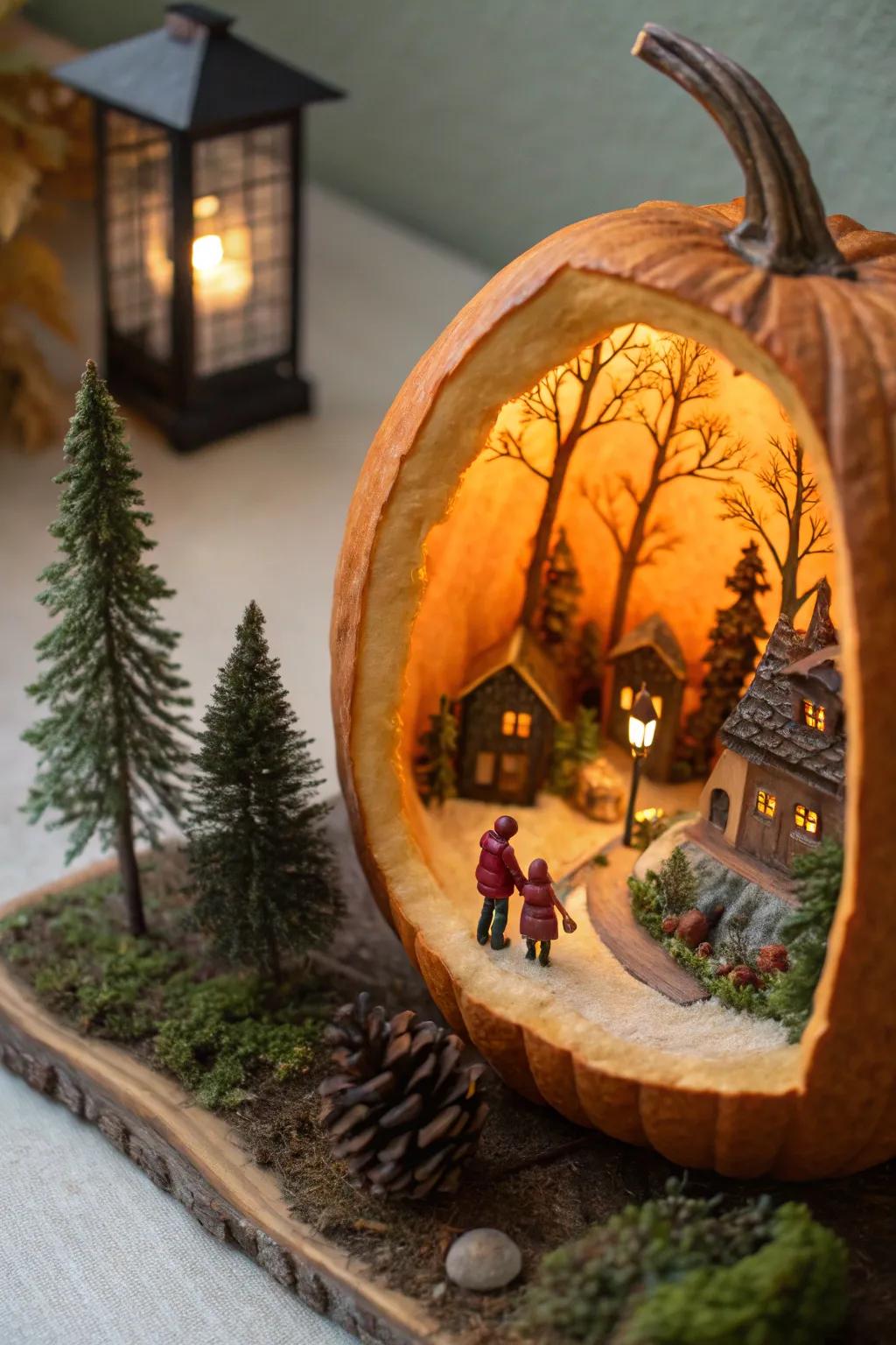 A pumpkin vignette showcasing a charming miniature realm.
