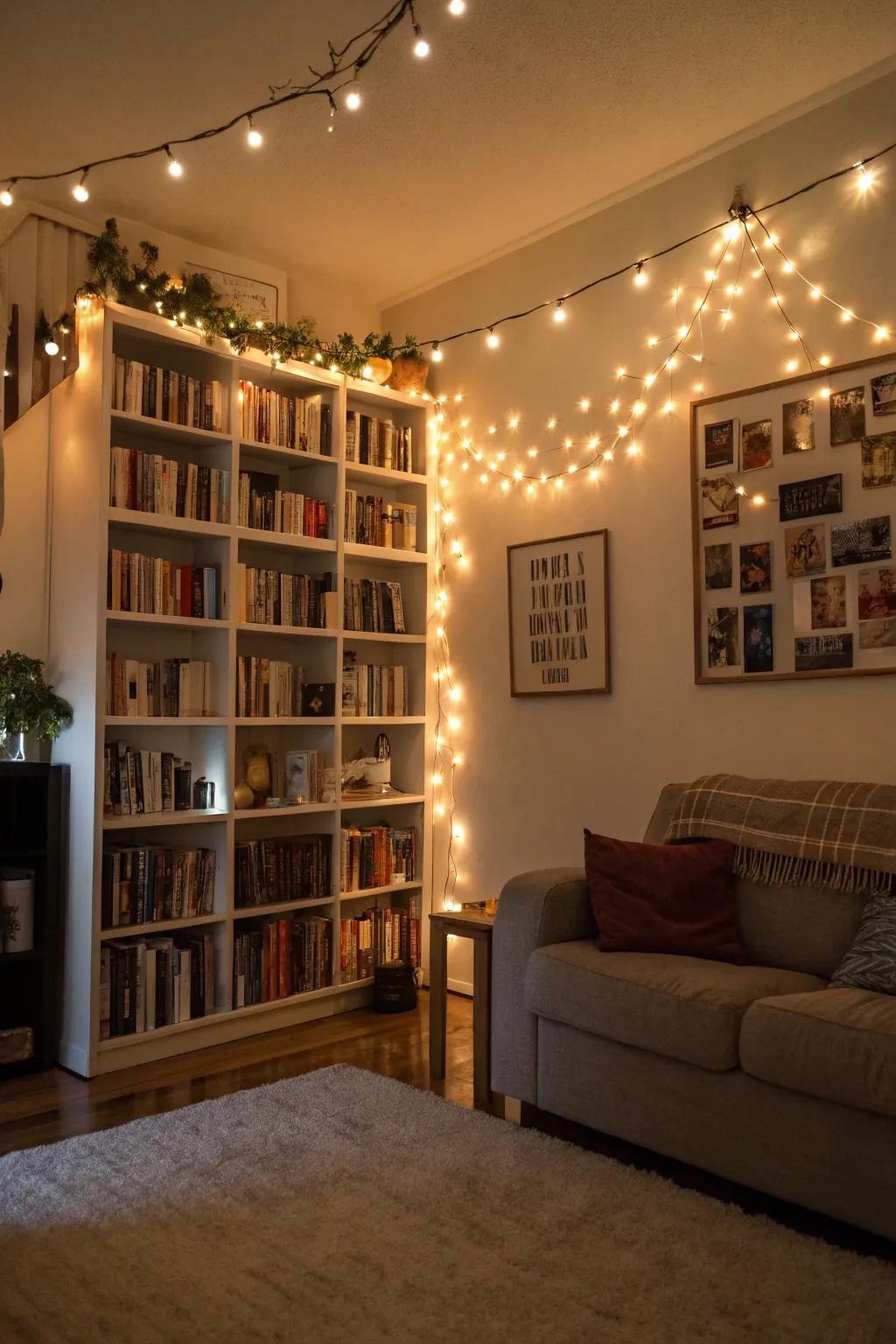 Enchanting string lights illuminating the room with holiday magic.