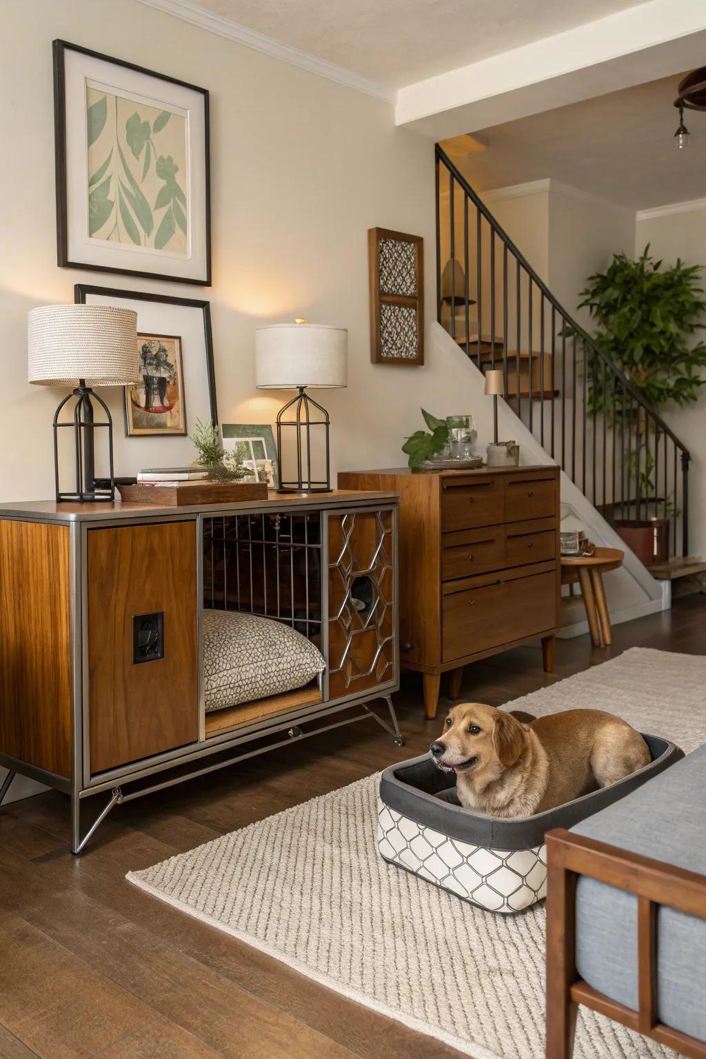 Retro-inspired design meets modern pet comfort in this mid-century dog den.