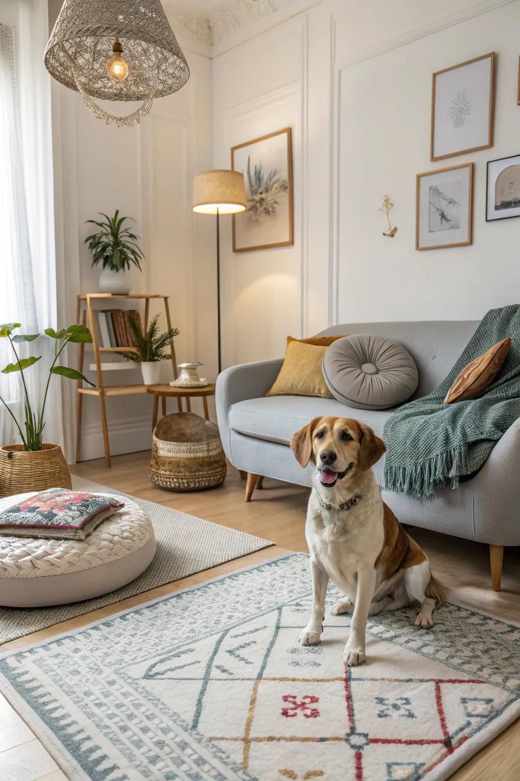 Pet-appropriate materials employed to create a fashionable and maintainable dog-friendly space.