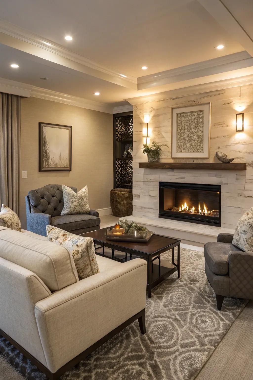 A modern living area featuring a gas fireplace, providing convenience and style.