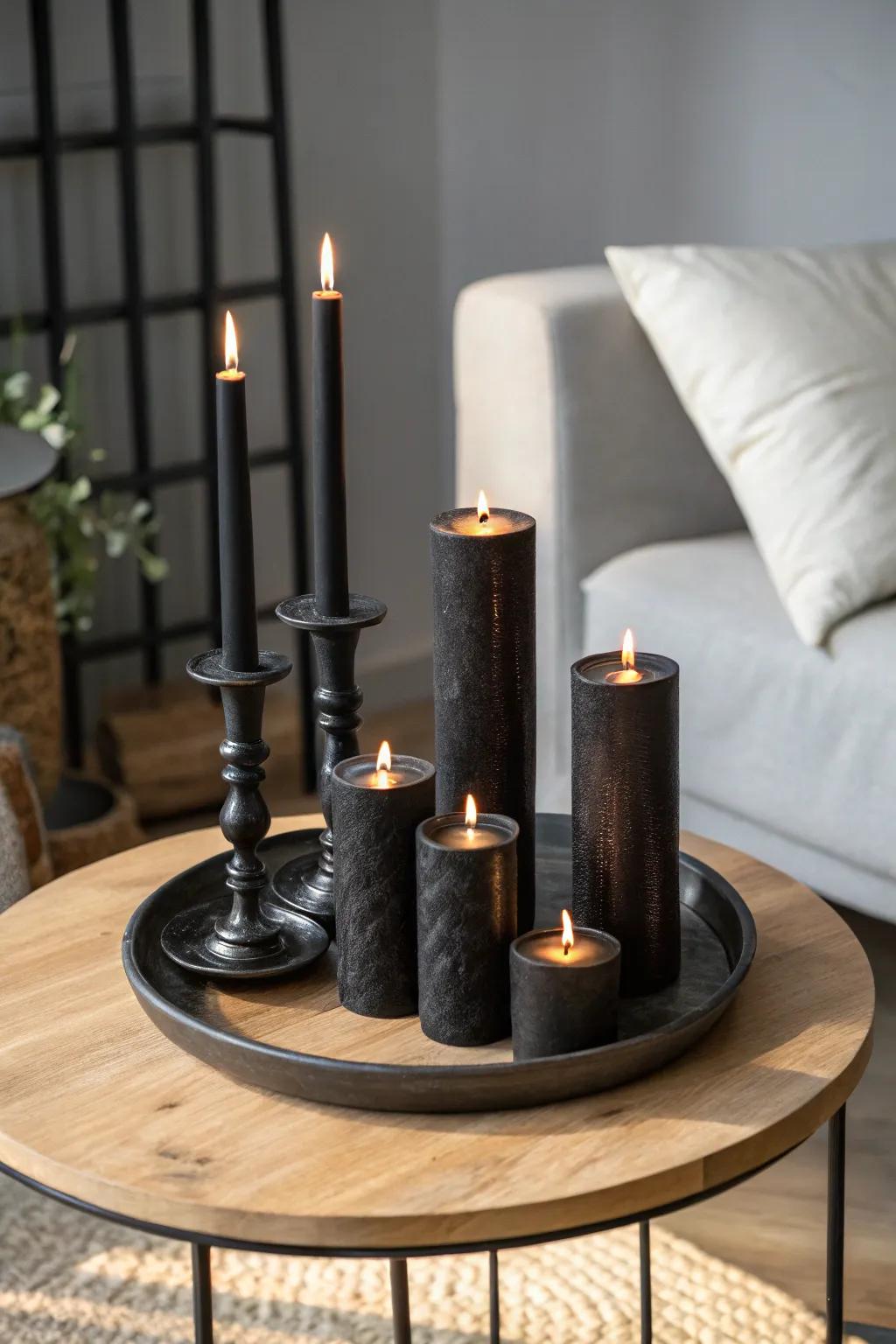 A gothic candle arrangement that creates a mysterious atmosphere.