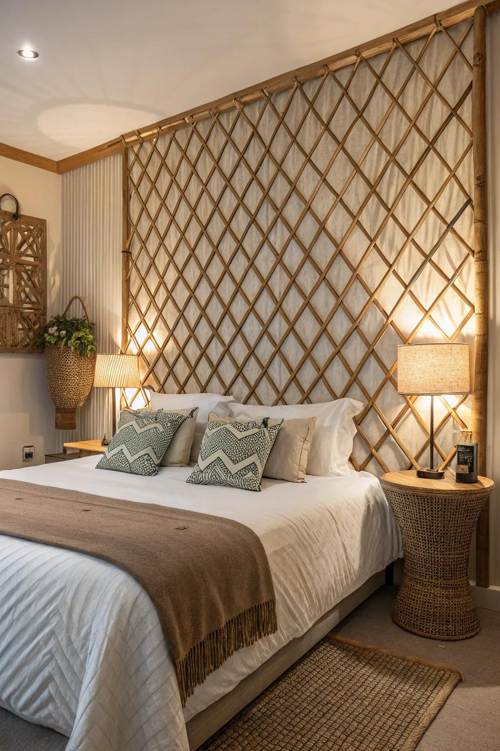 Lattice element as an amazing bedhead backdrop in the bedroom.