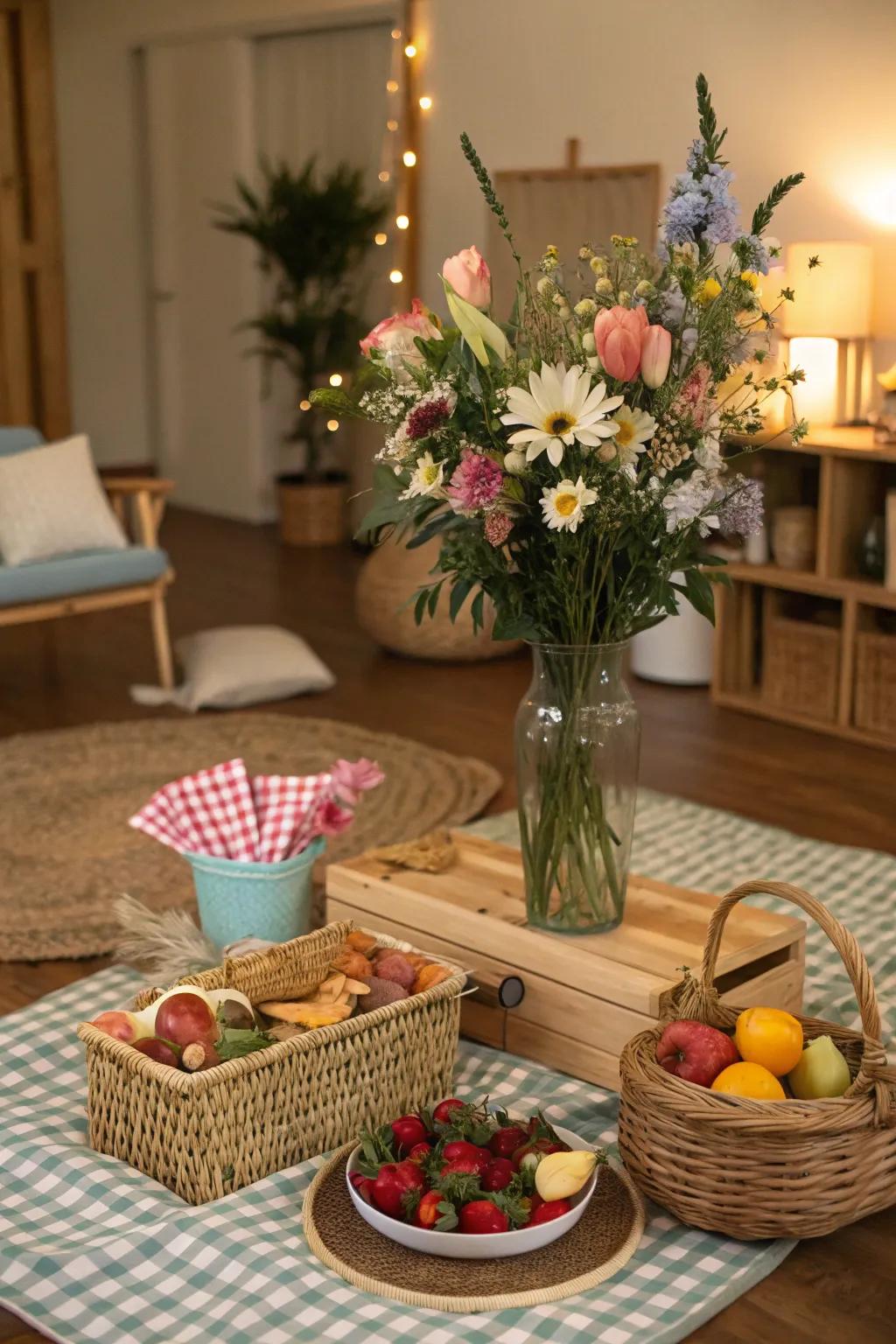 Fresh flowers introduce natural beauty to the indoor picnic.