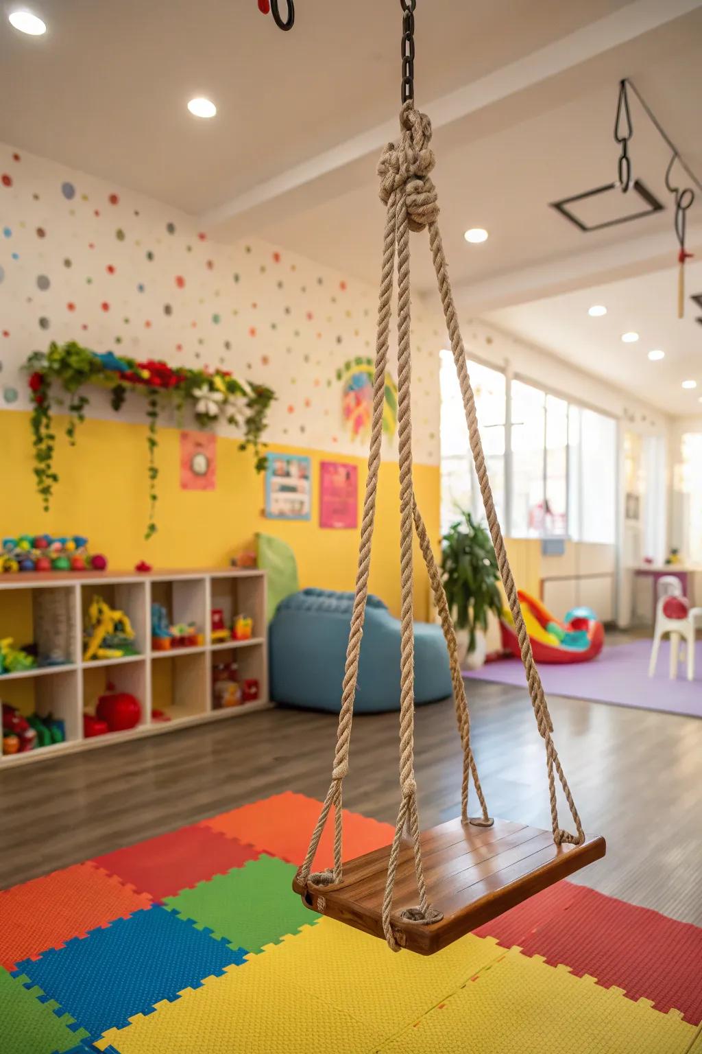 An interior suspended seat beckons playful unwinding.