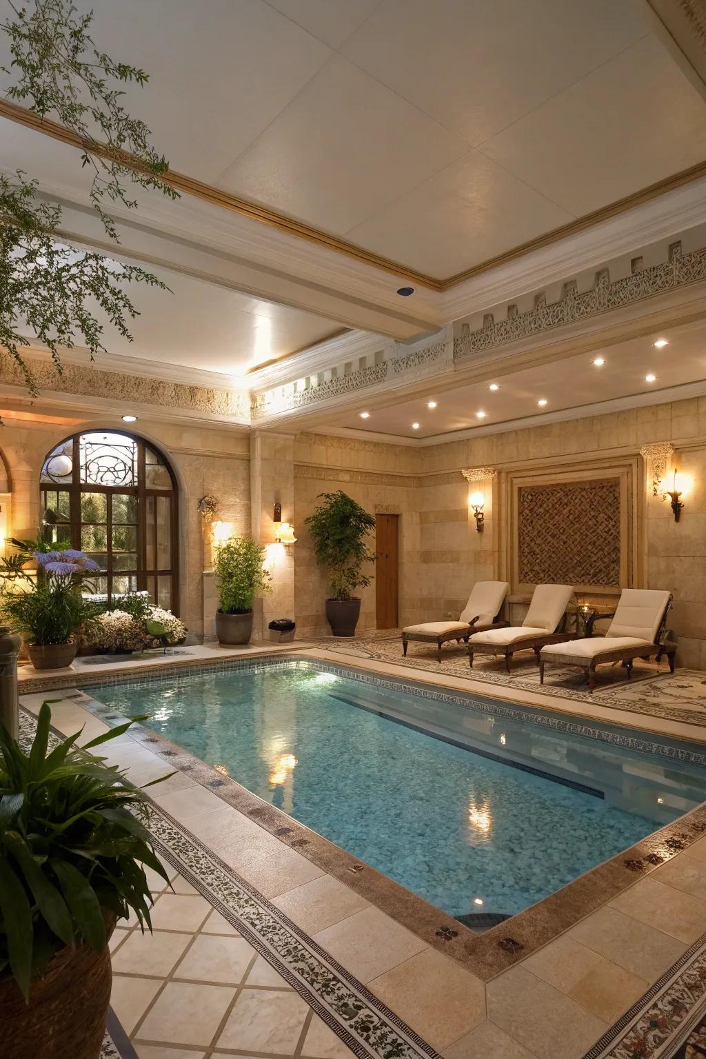 A small indoor pool with sumptuous design elements