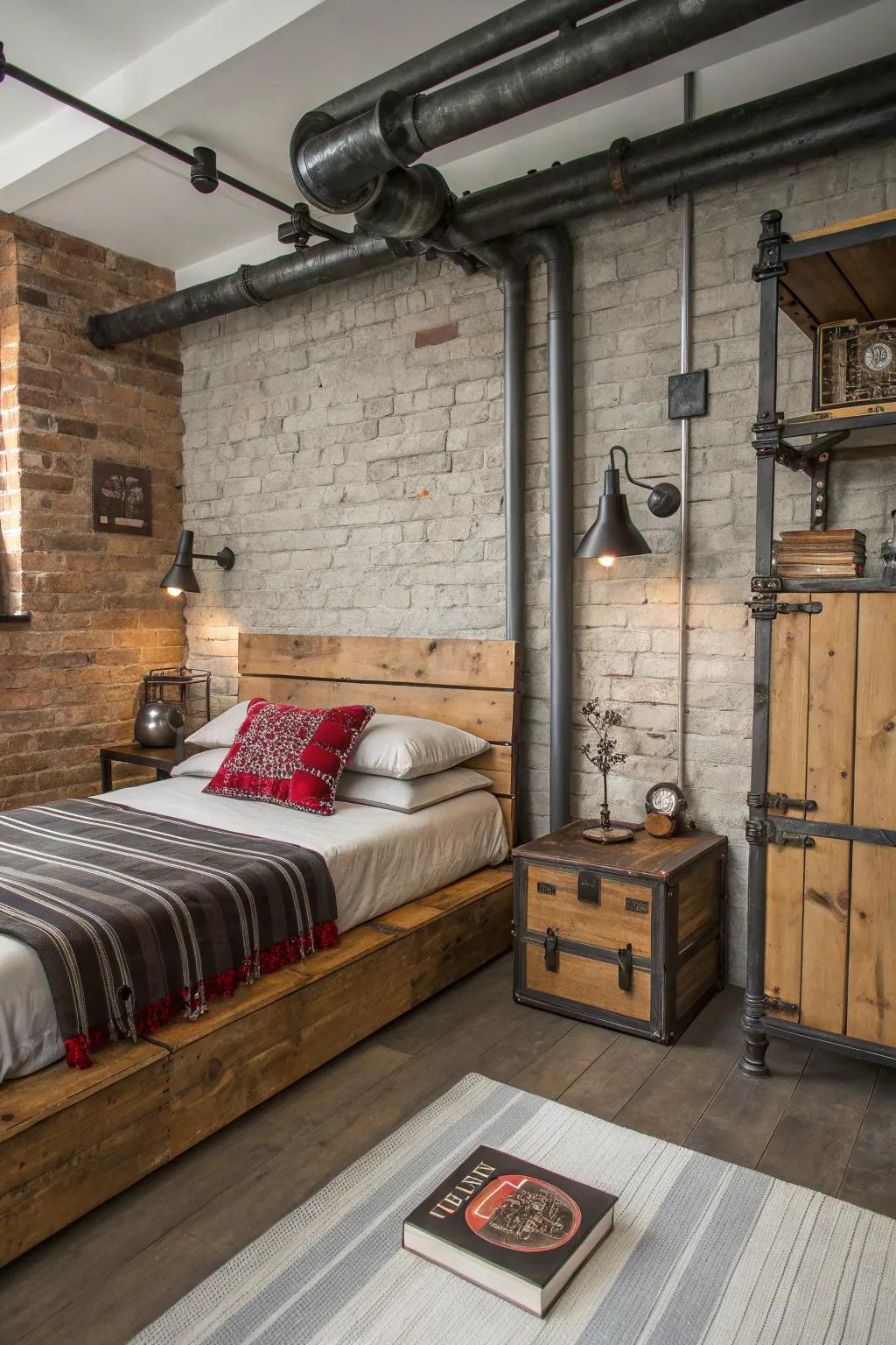 Tough surfaces add character and coziness to this urban sleeping quarters.