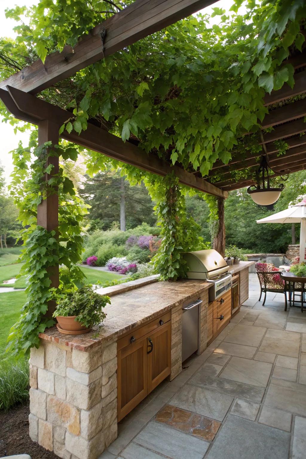 A vibrant canopy of winding vines for a revitalizing open-air kitchen experience.
