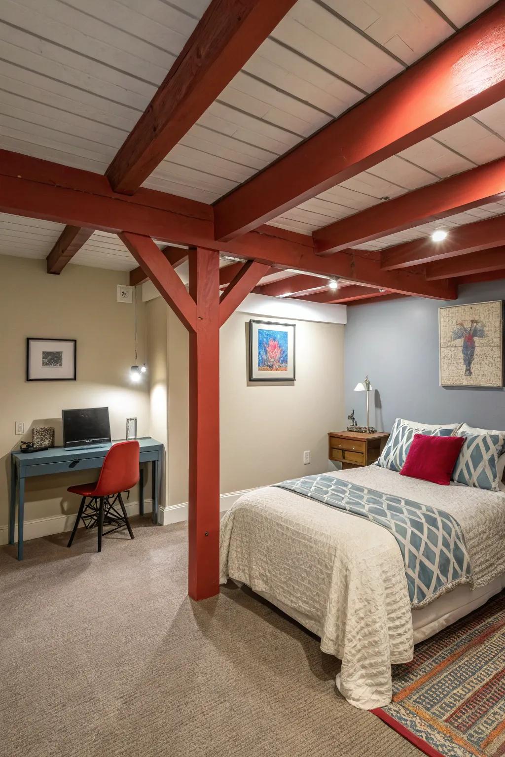 Uncovered rafters enrich your basement's persona.