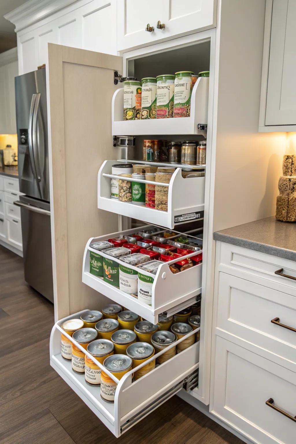 Staggered shelving units maximize every inch of cabinet space with style.