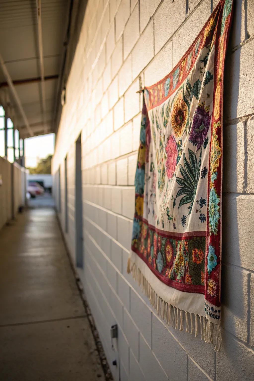 A fabric tapestry brings softness and color to a cinder block wall.