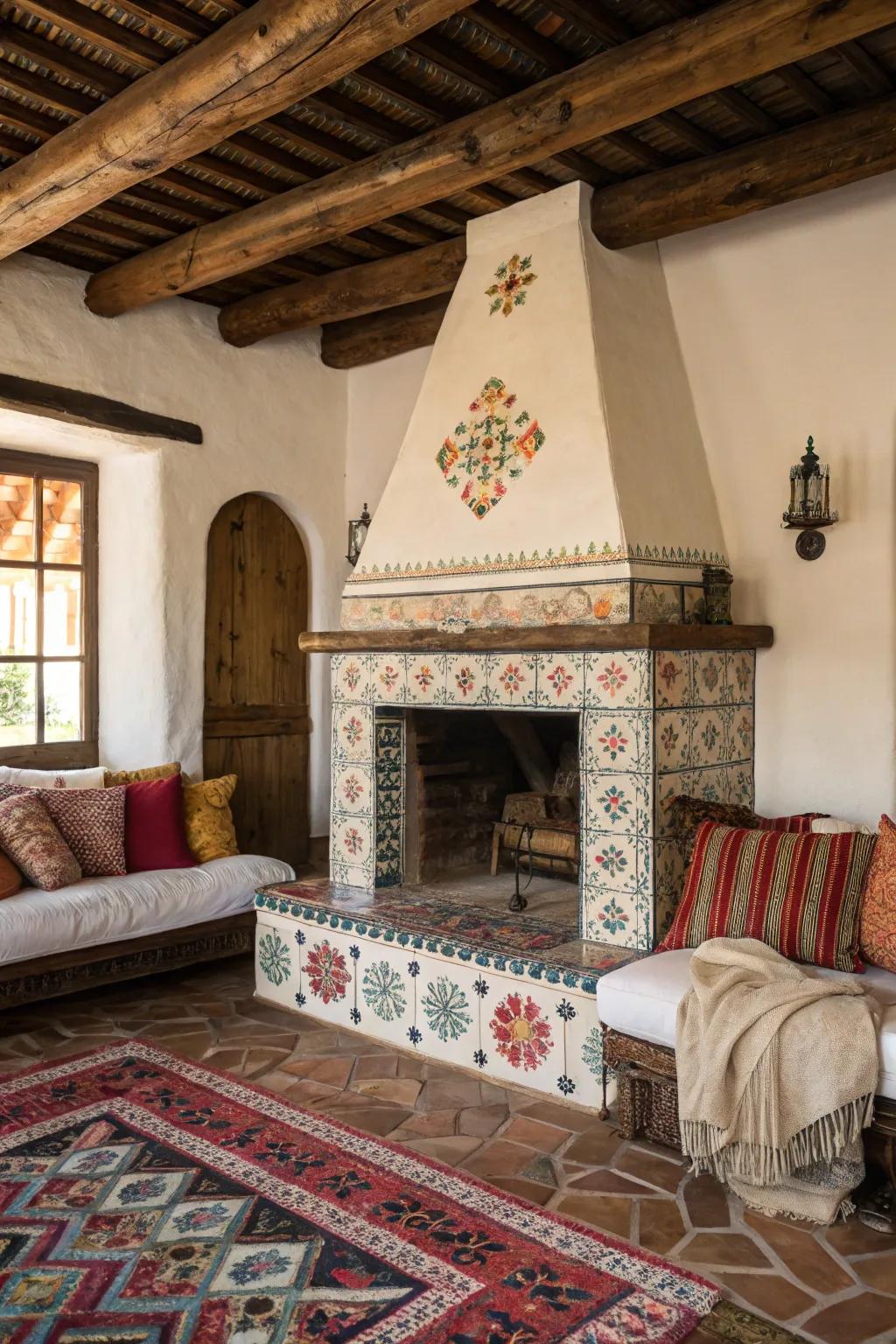 A traditional Spanish fireplace establishes a cozy focus point within the living area.