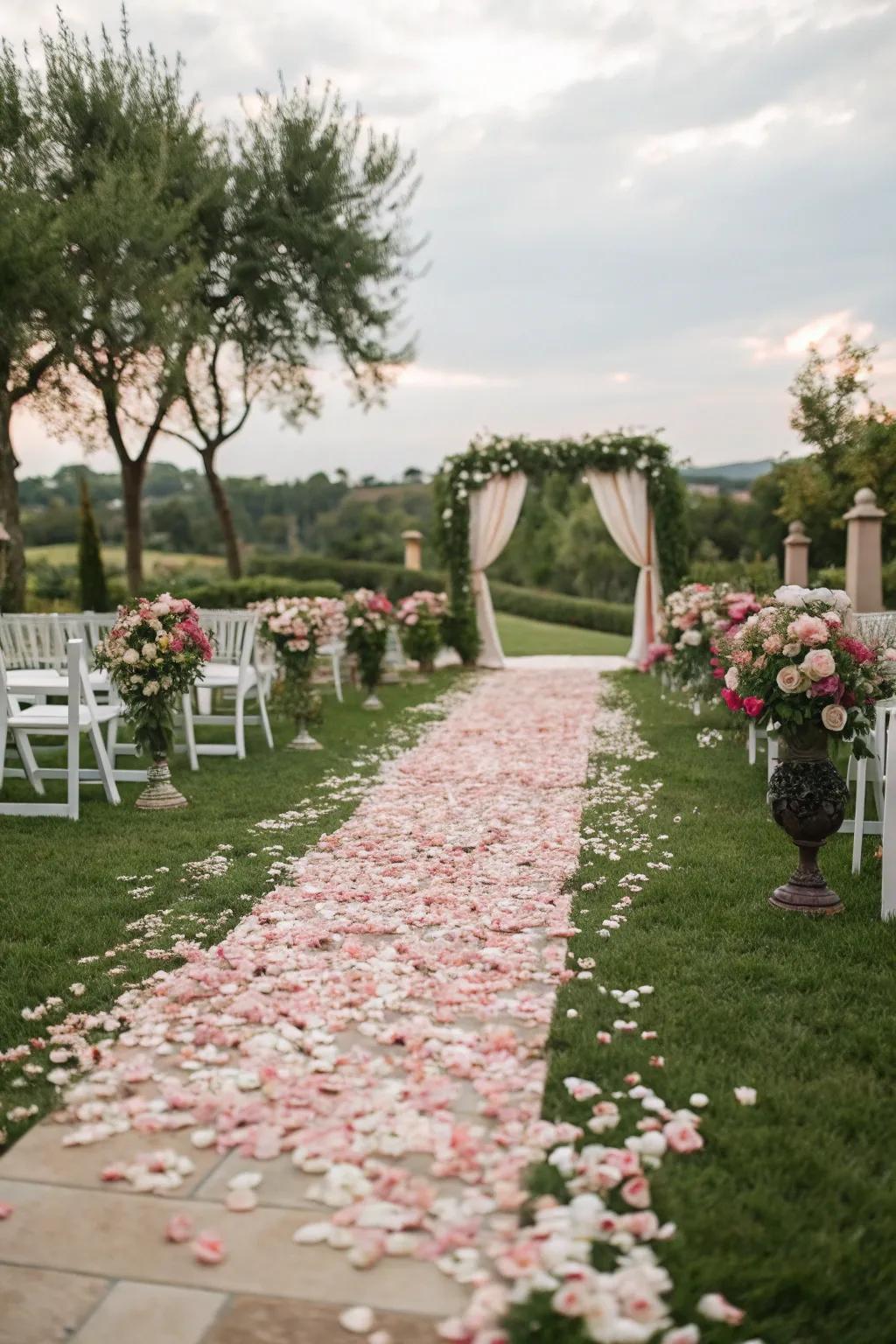 Flowers and greenery border an enchanting wedding passage.