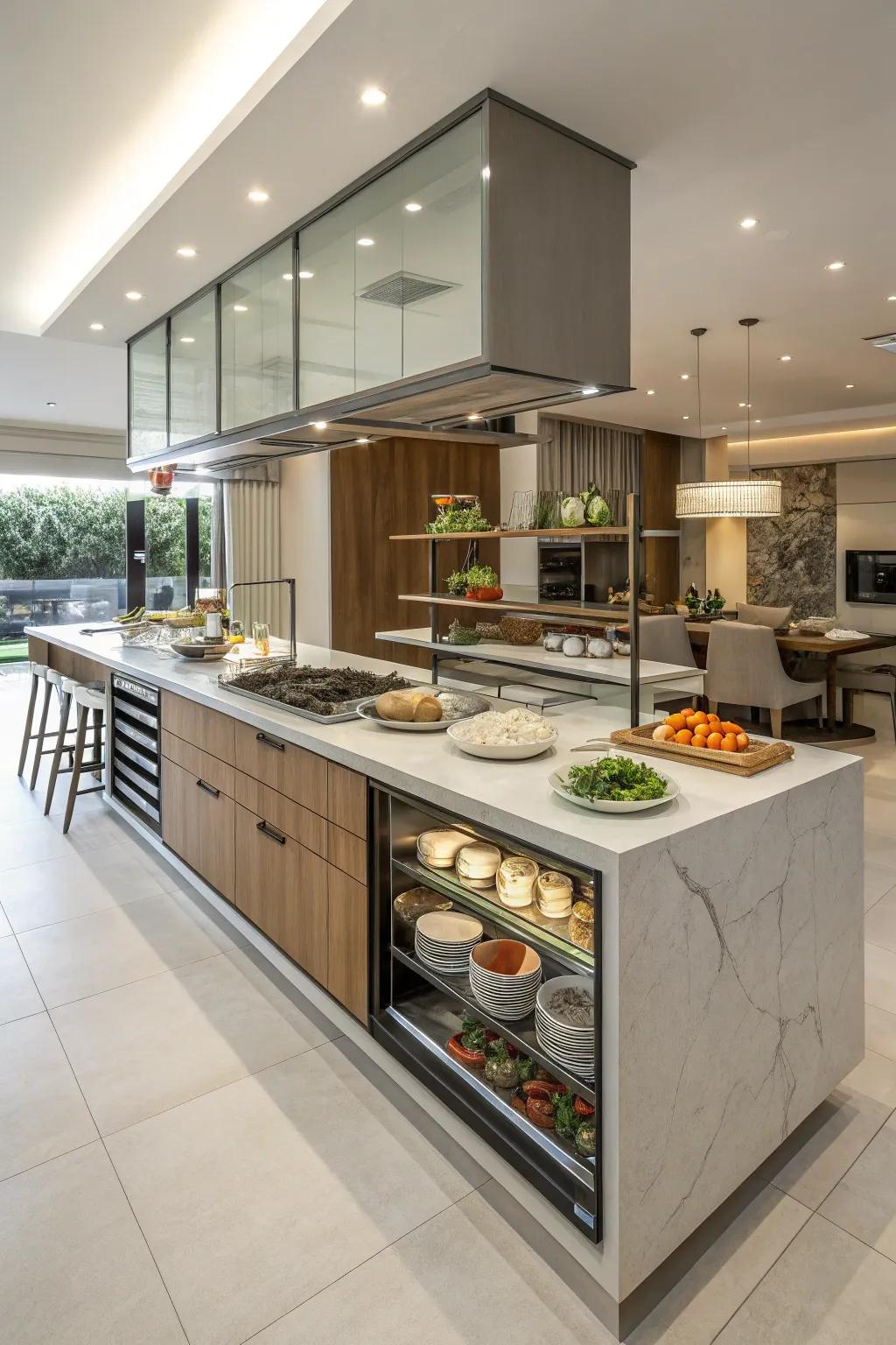 A multi-level countertop design that cleverly separates functions.
