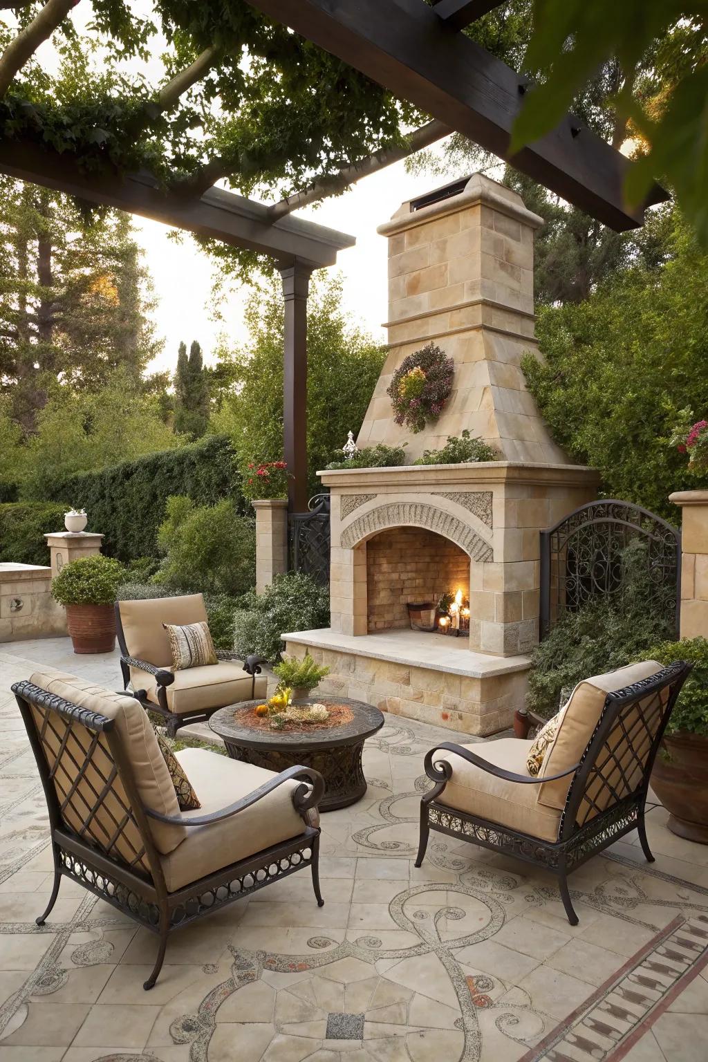 An open-air fire pit functions as a snug focal point for social gatherings.