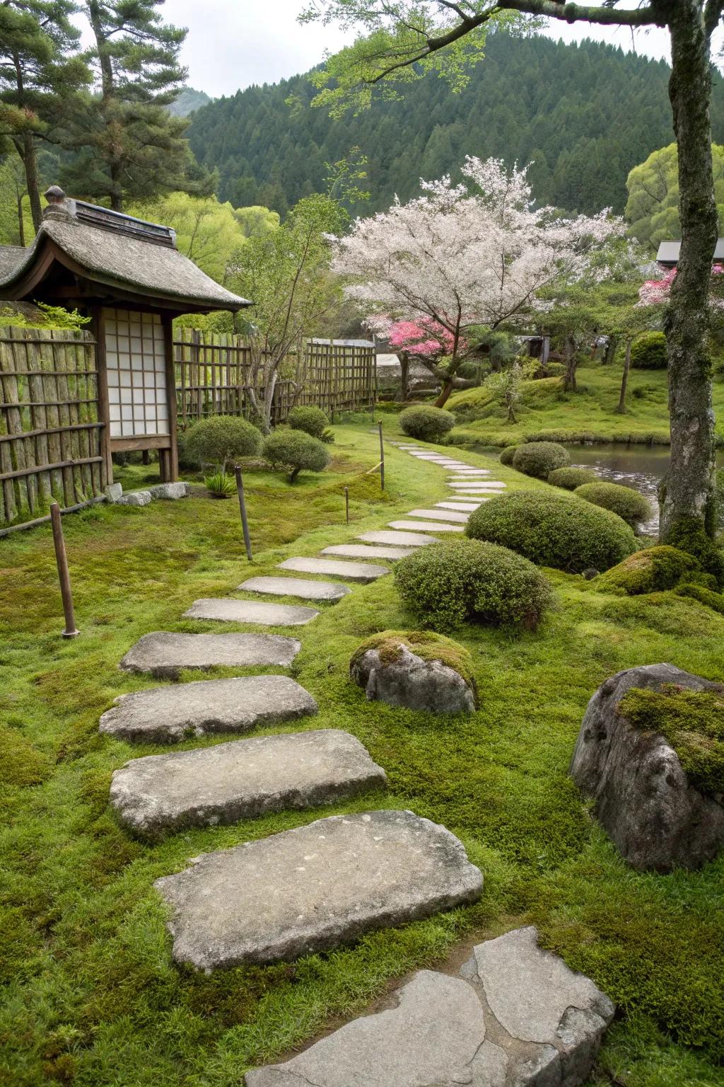 Inviting walkway rocks nestled in lush moss.