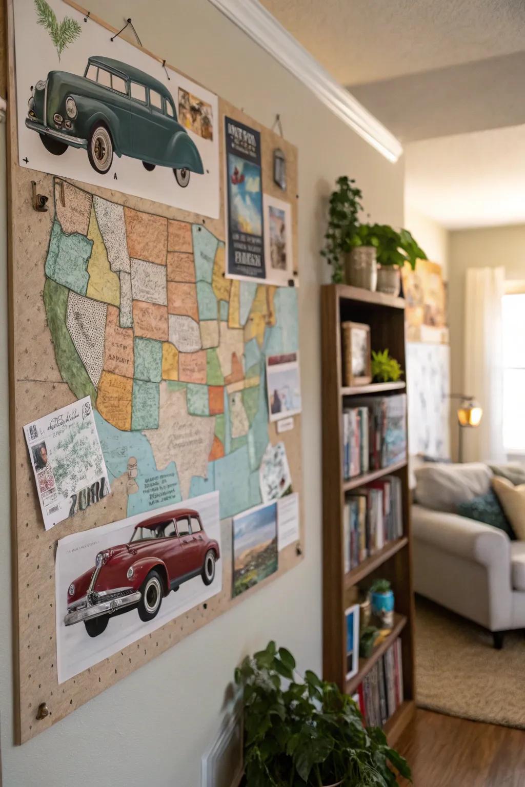 A road trip-themed bulletin board perfect for adventure enthusiasts.